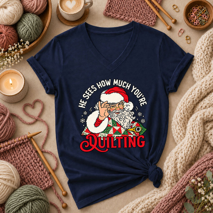He Sees How Much You're Quilting Santa Women's V-Neck - Navy