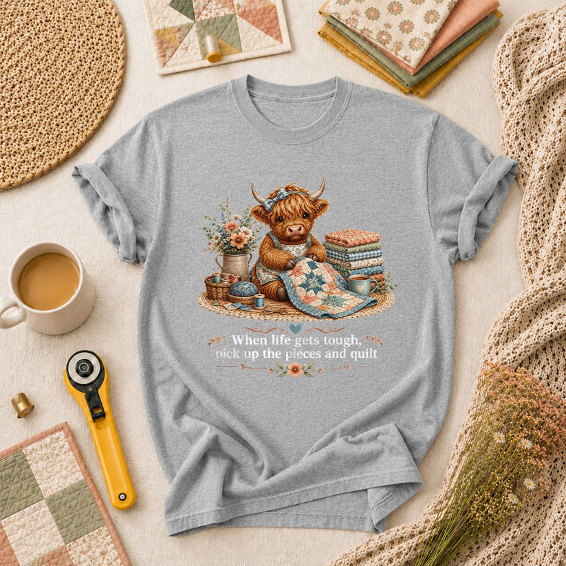 Highland Cow Quilter Wildflowers Patchwork T-Shirt - Athletic Heather