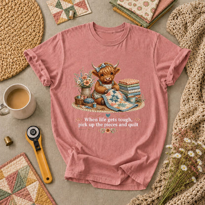 Highland Cow Quilter Wildflowers Patchwork T-Shirt - Heather Mauve