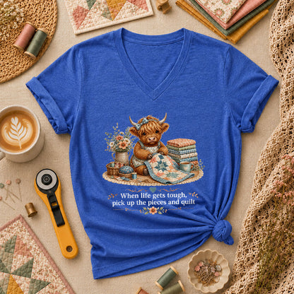 Highland Cow Quilter Wildflowers Patchwork Women's V-Neck - Heather True Royal