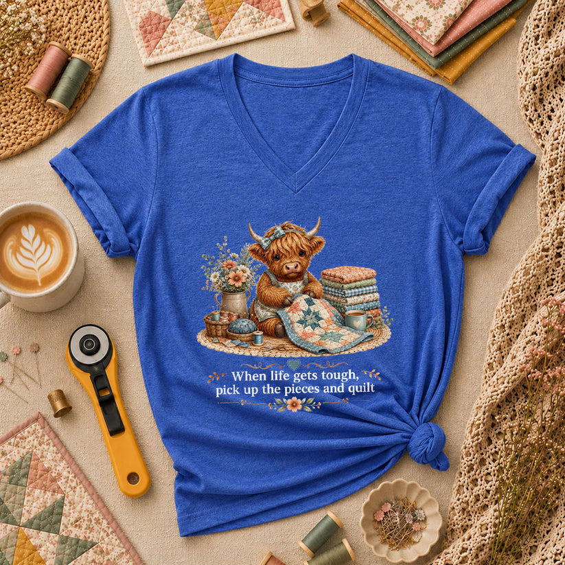 Highland Cow Quilter Wildflowers Patchwork Women's V-Neck - Heather True Royal