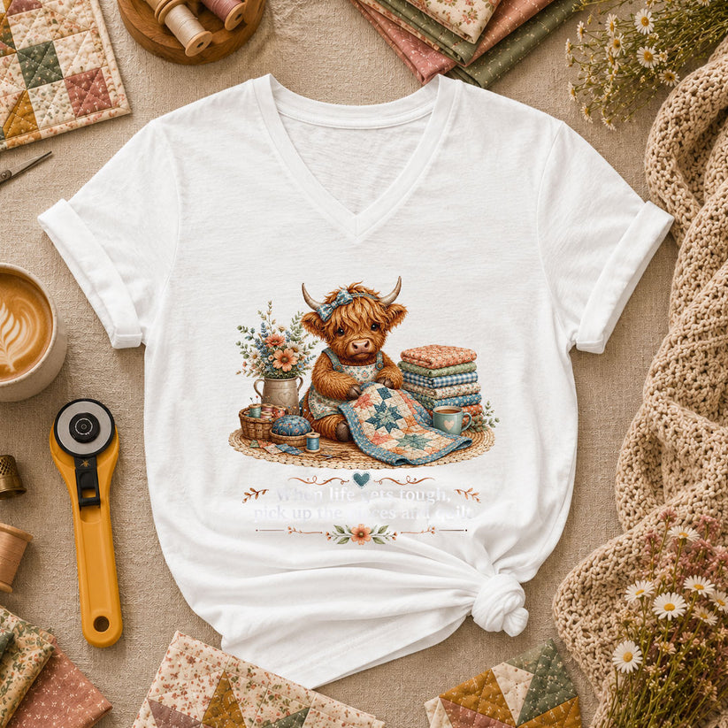 Highland Cow Quilter Wildflowers Patchwork Women's V-Neck - White