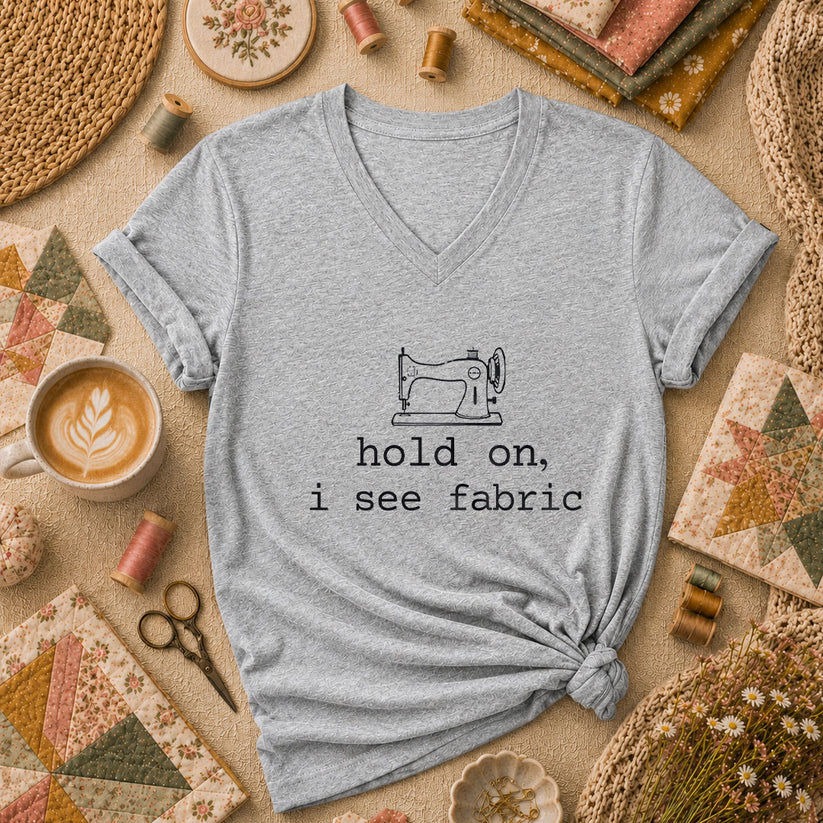 Hold On I See Fabric Funny Quilter Women's V-Neck - Athletic Heather
