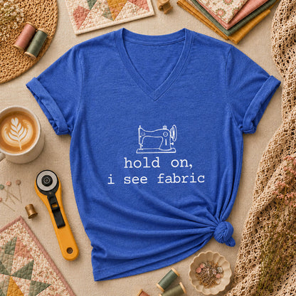 Hold On I See Fabric Funny Quilter Women's V-Neck - Heather True Royal
