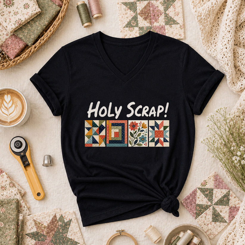 Holy Scrap Quilt Blocks Women's V-Neck - Black