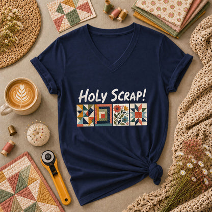 Holy Scrap Quilt Blocks Women's V-Neck - Navy