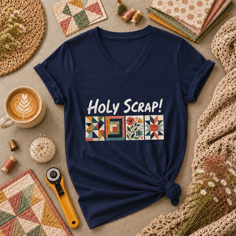 Holy Scrap Quilt Blocks Women's V-Neck - Navy