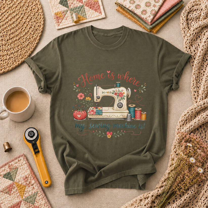 Home Is Where My Sewing Machine Is Floral T-Shirt - Military Green