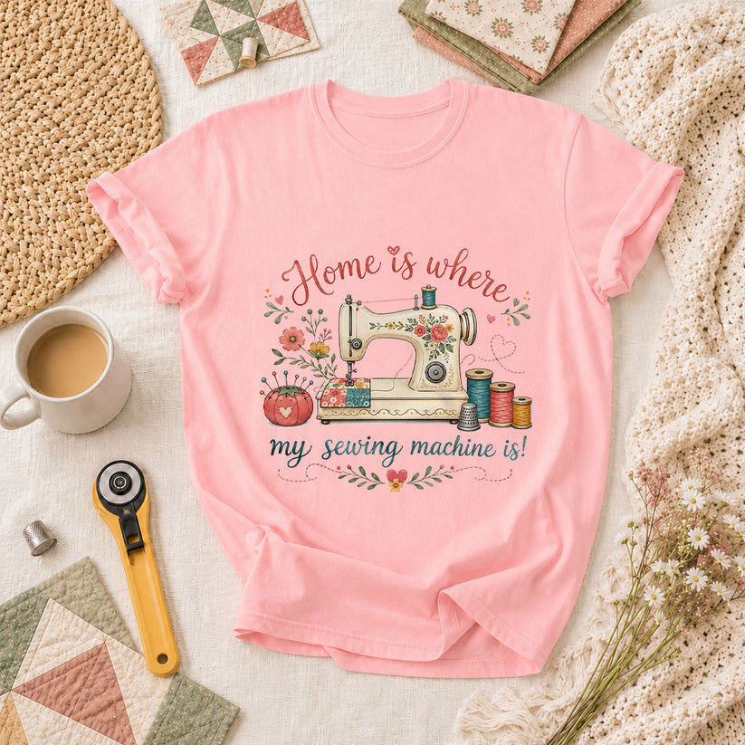 Home Is Where My Sewing Machine Is Floral T-Shirt - Pink