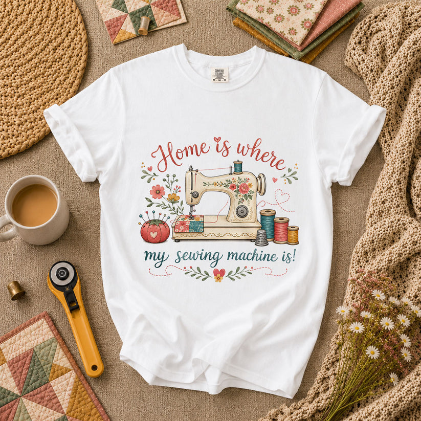 Home Is Where My Sewing Machine Is Floral T-Shirt - White