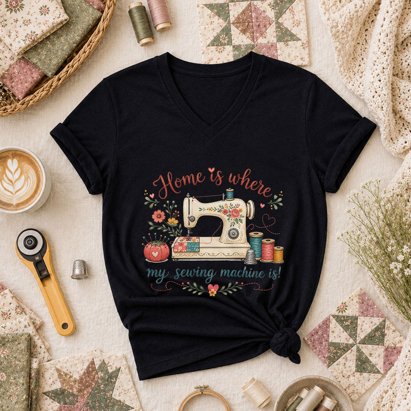 Home Is Where My Sewing Machine Is Floral Women's V-Neck - Black