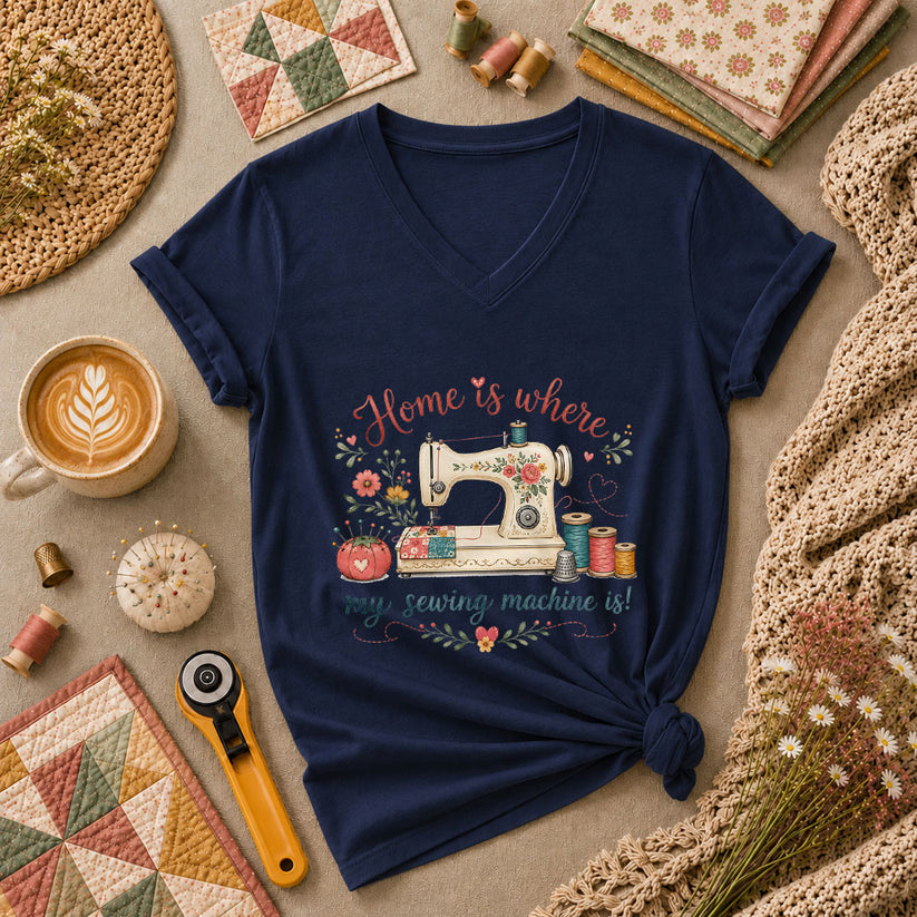 Home Is Where My Sewing Machine Is Floral Women's V-Neck - Navy