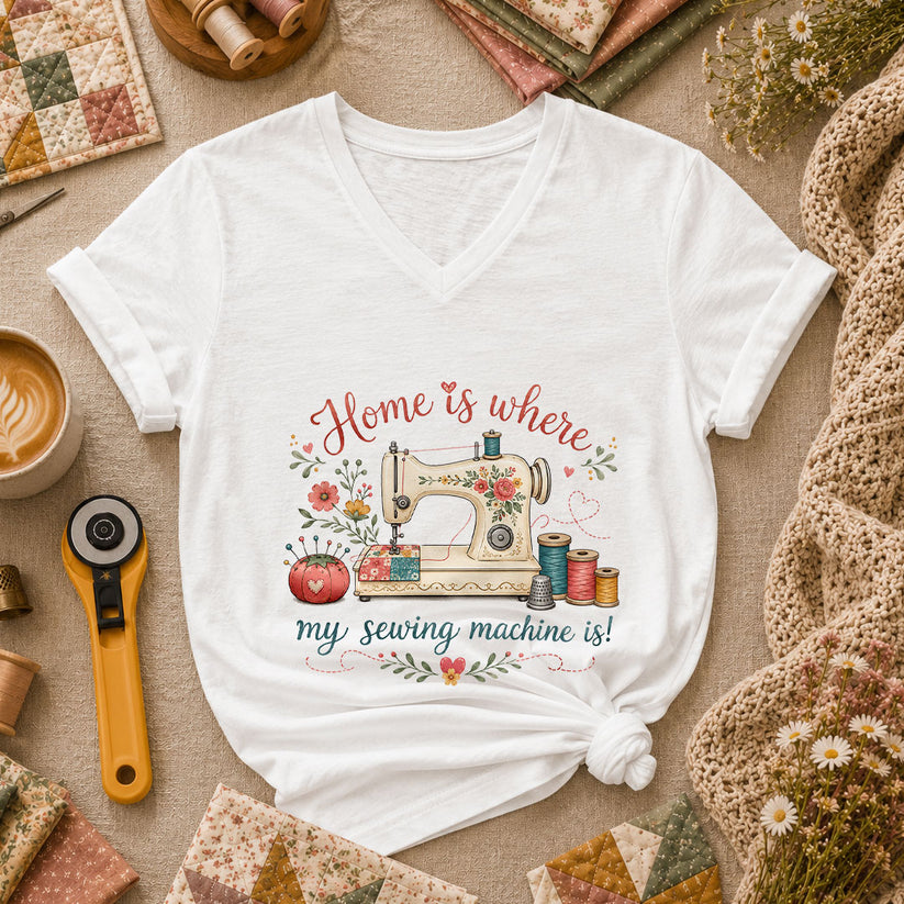 Home Is Where My Sewing Machine Is Floral Women's V-Neck - White