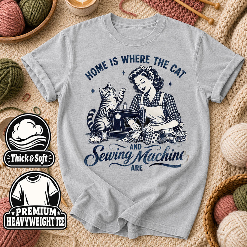 Home Is Where The Cat And Sewing Machine Are T-Shirt - Athletic Heather
