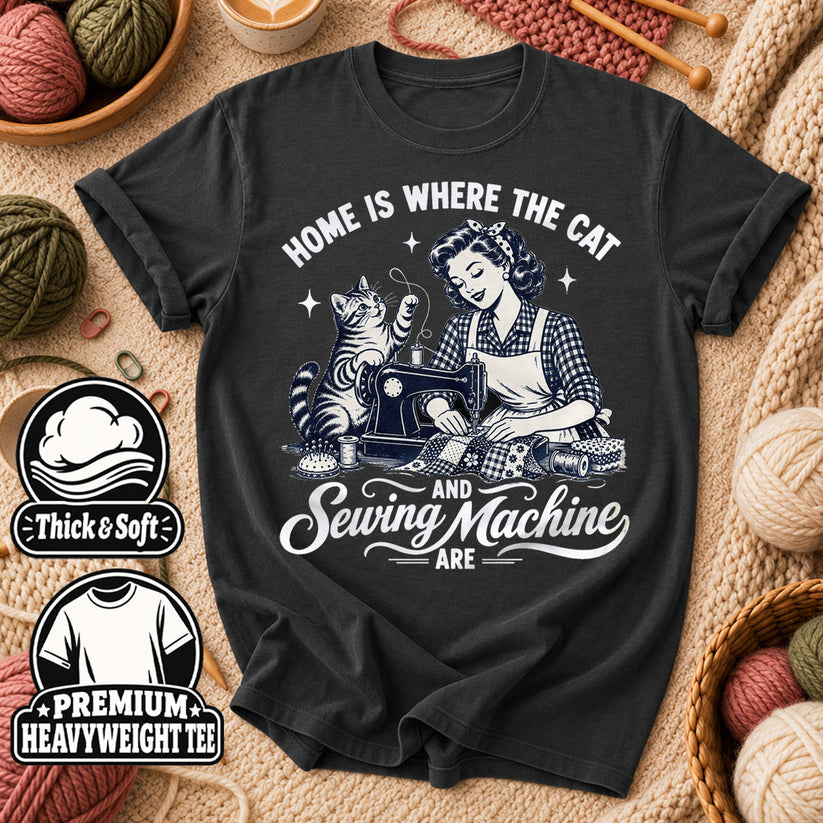 Home Is Where The Cat And Sewing Machine Are T-Shirt - Dark Heather Grey