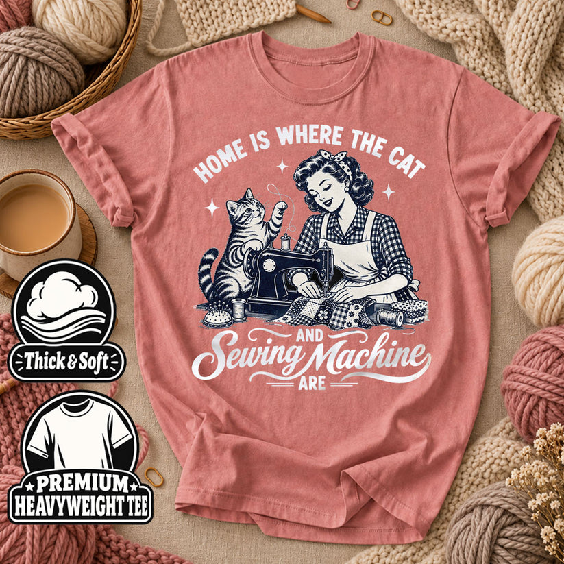 Home Is Where The Cat And Sewing Machine Are T-Shirt - Heather Mauve
