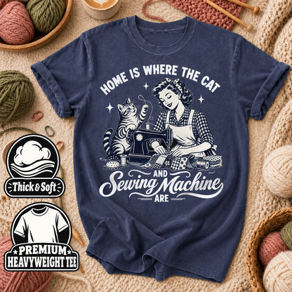 Home Is Where The Cat And Sewing Machine Are T-Shirt - Heather Navy