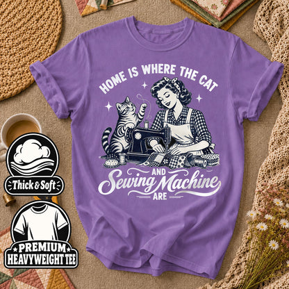 Home Is Where The Cat And Sewing Machine Are T-Shirt - Heather Team Purple