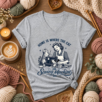 Home Is Where The Cat And Sewing Machine Are Women's V-Neck - Athletic Heather