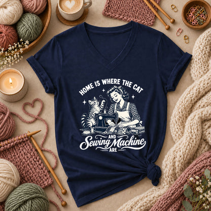 Home Is Where The Cat And Sewing Machine Are Women's V-Neck - Navy