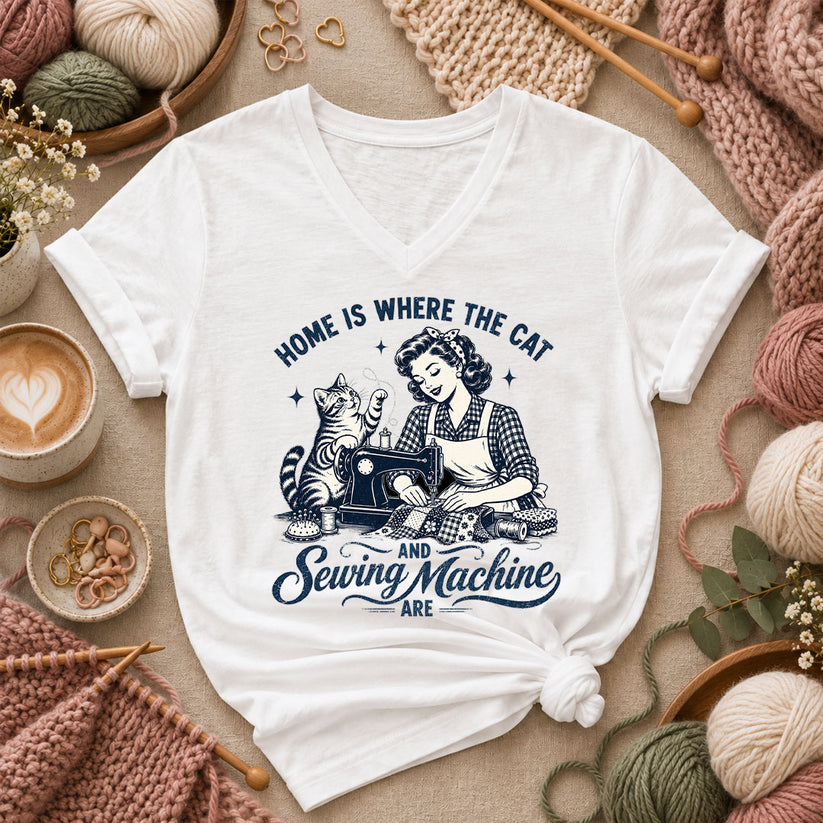 Home Is Where The Cat And Sewing Machine Are Women's V-Neck - White