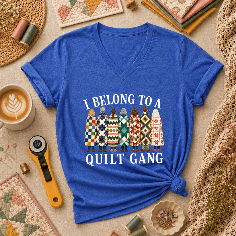 I Belong To A Quilt Gang Women's V-Neck - Heather True Royal