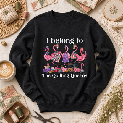 I Belong To The Quilting Queens Flamingos Long Sleeve - Black