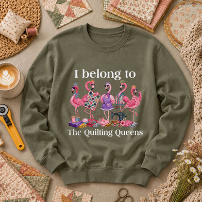 I Belong To The Quilting Queens Flamingos Long Sleeve - Military Green