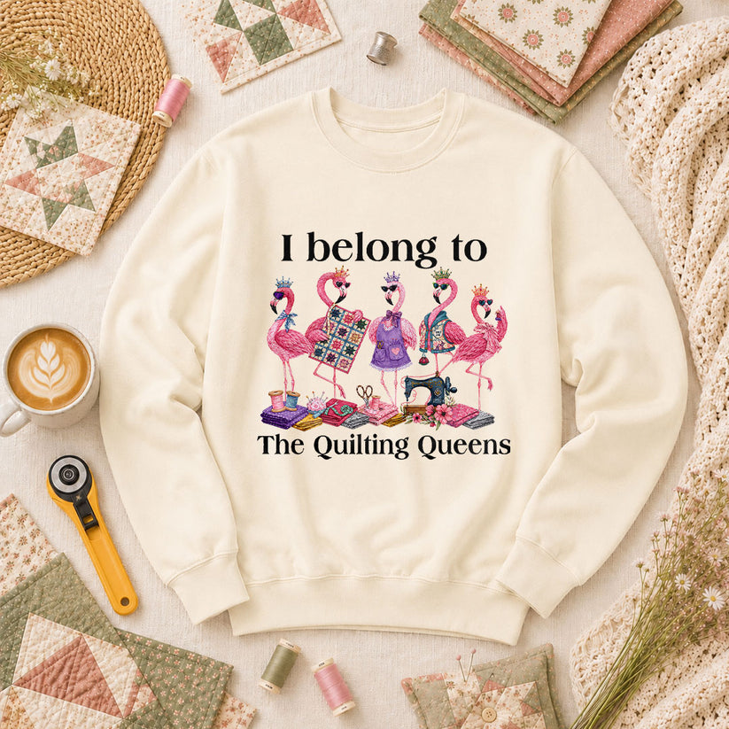 I Belong To The Quilting Queens Flamingos Long Sleeve - Natural