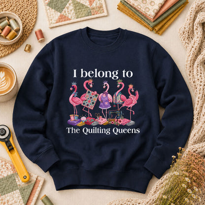 I Belong To The Quilting Queens Flamingos Long Sleeve - Navy