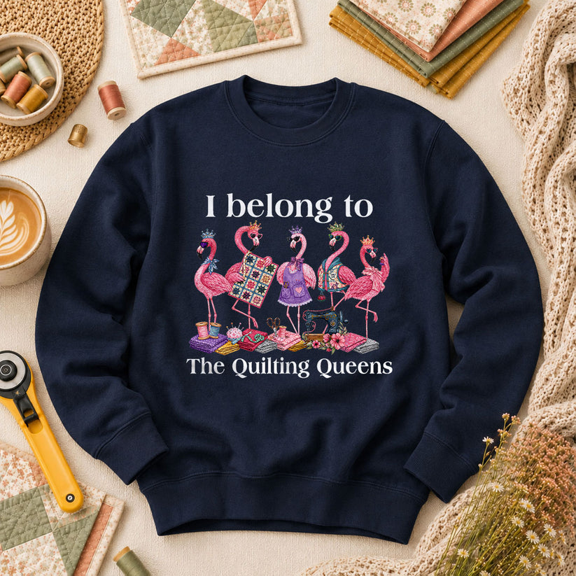 I Belong To The Quilting Queens Flamingos Long Sleeve - Navy
