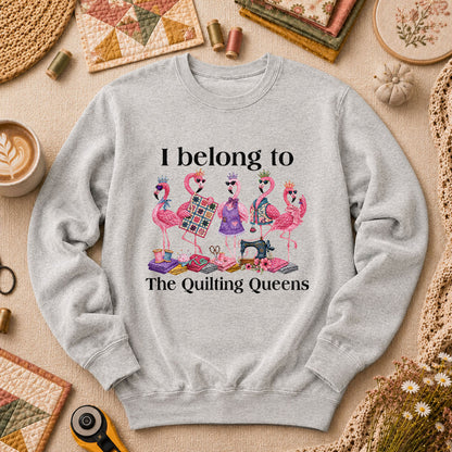 I Belong To The Quilting Queens Flamingos Long Sleeve - Sport Grey