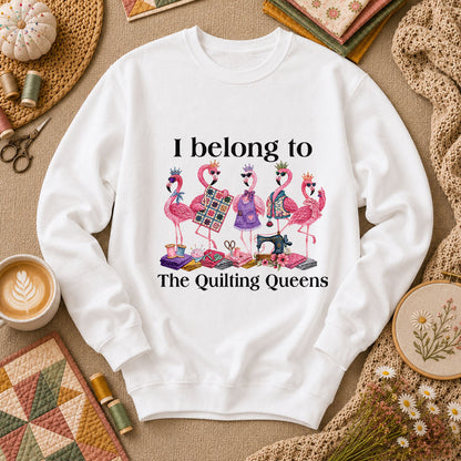 I Belong To The Quilting Queens Flamingos Long Sleeve - White