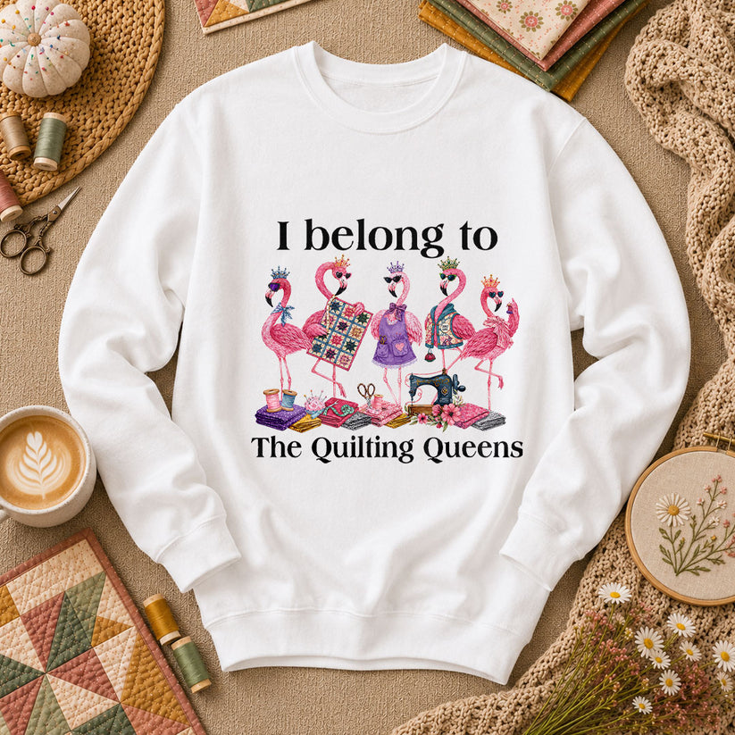 I Belong To The Quilting Queens Flamingos Long Sleeve - White