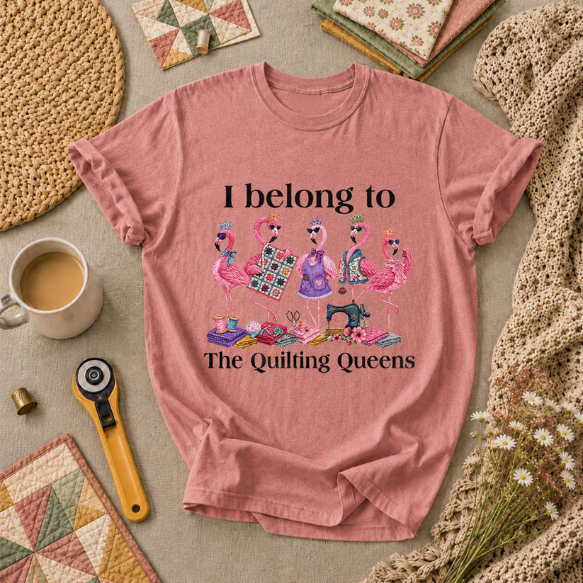 I Belong To The Quilting Queens Flamingos T-Shirt - Heather Mauve