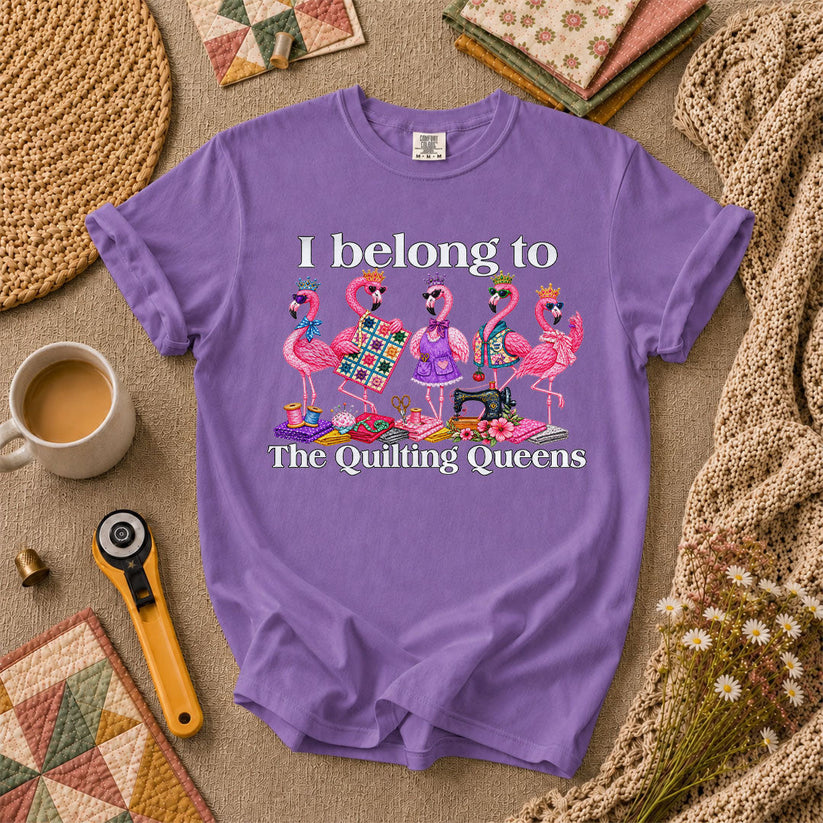 I Belong To The Quilting Queens Flamingos T-Shirt - Heather Team Purple