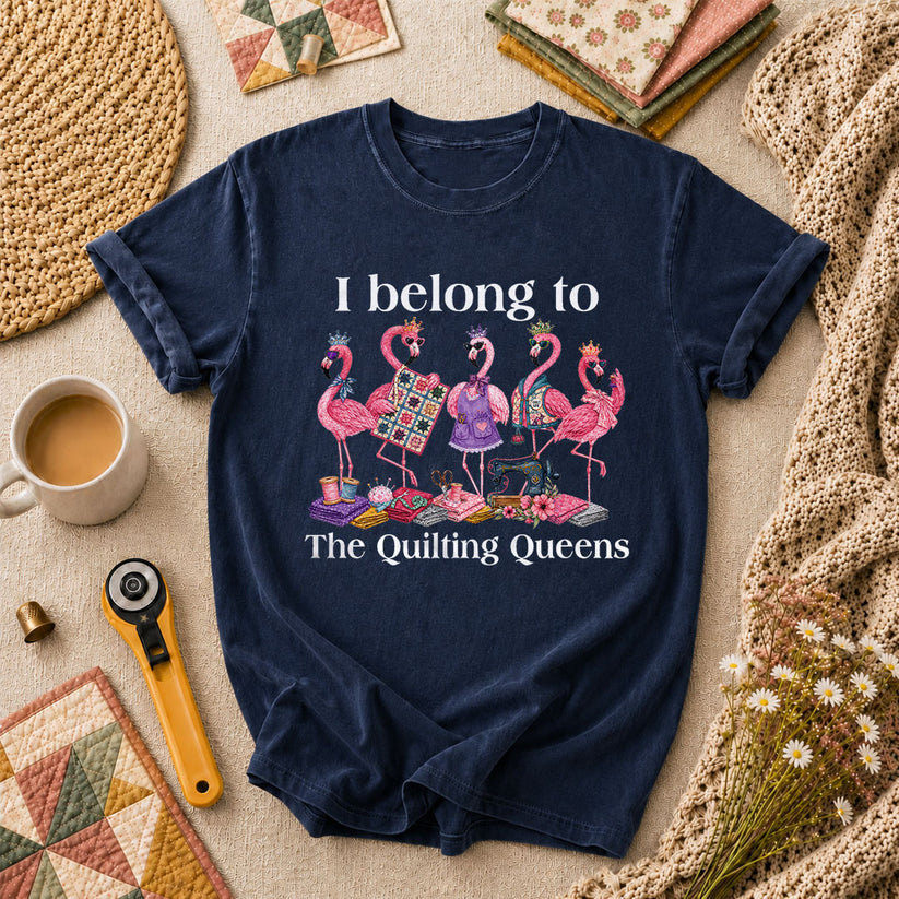 I Belong To The Quilting Queens Flamingos T-Shirt - Navy