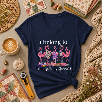 I Belong To The Quilting Queens Flamingos Women's V-Neck - Navy