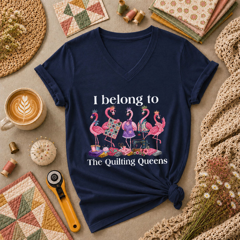 I Belong To The Quilting Queens Flamingos Women's V-Neck - Navy