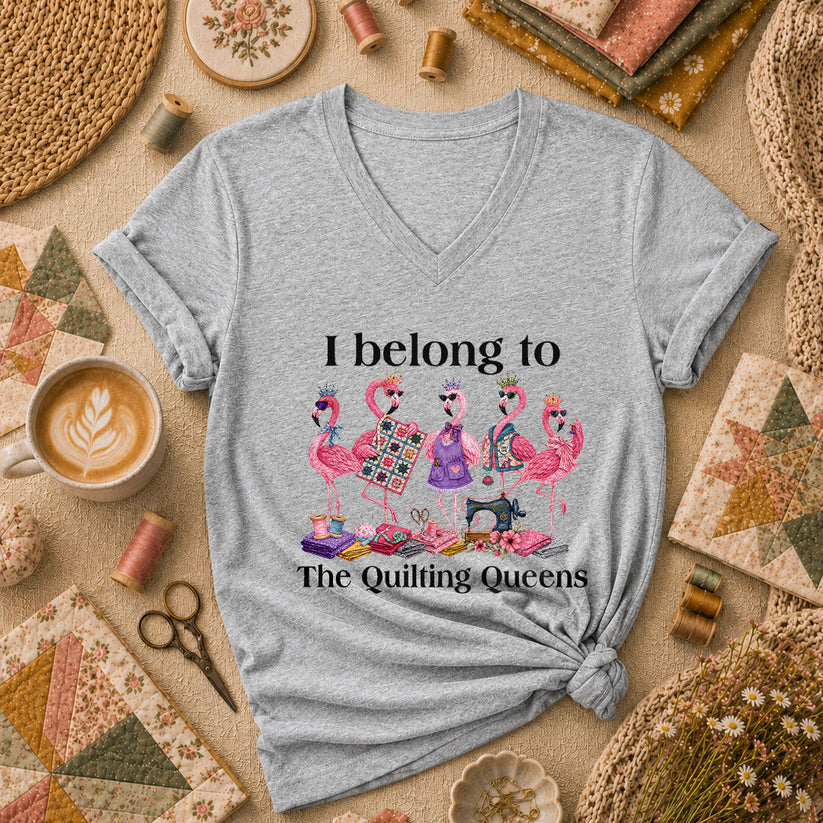 I Belong To The Quilting Queens Flamingos Women's V-Neck - Sport Grey