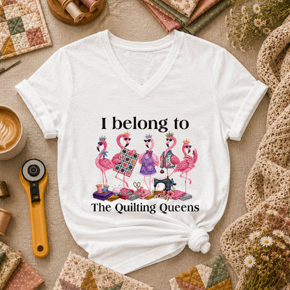 I Belong To The Quilting Queens Flamingos Women's V-Neck - White