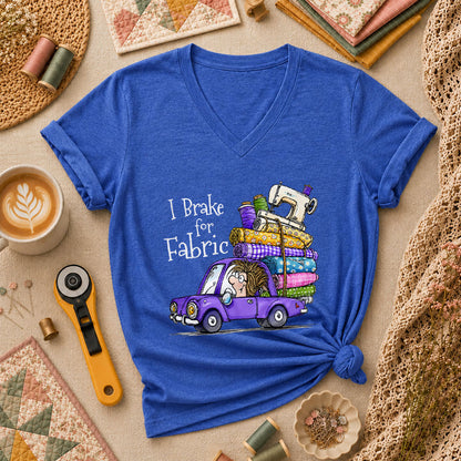 I Brake For Fabric Purple Car Sewing Machine Women's V-Neck - Heather True Royal