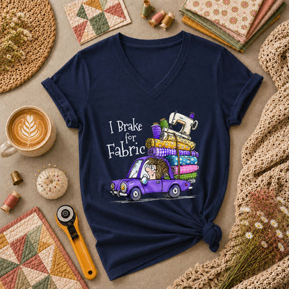 I Brake For Fabric Purple Car Sewing Machine Women's V-Neck - Navy
