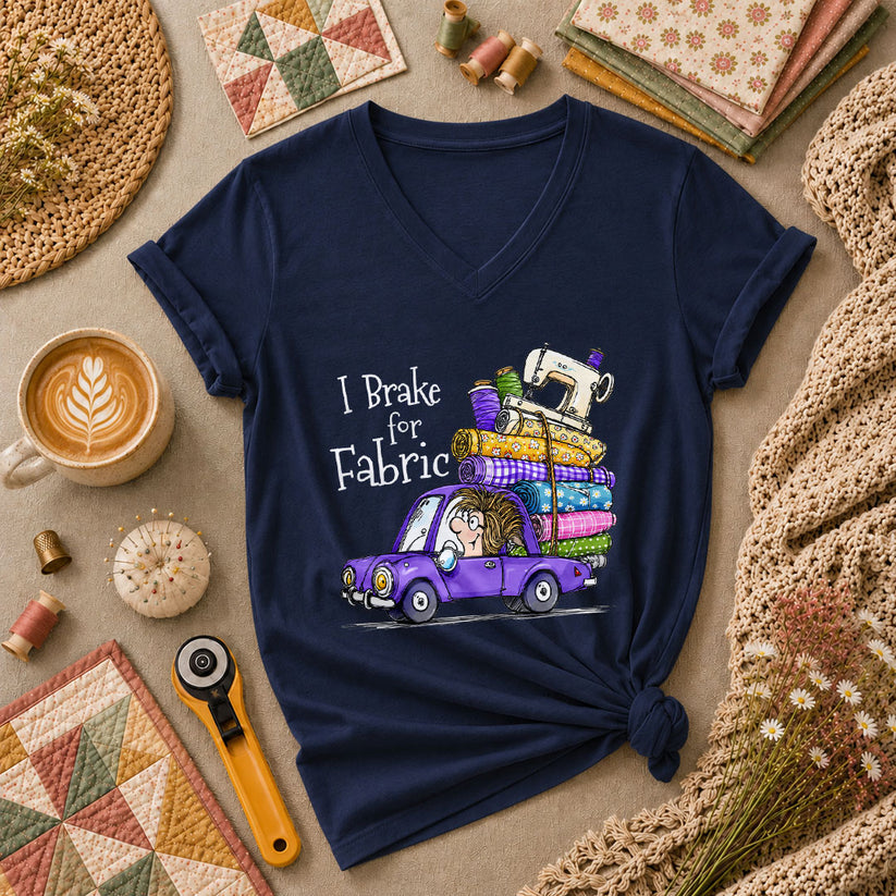 I Brake For Fabric Purple Car Sewing Machine Women's V-Neck - Navy