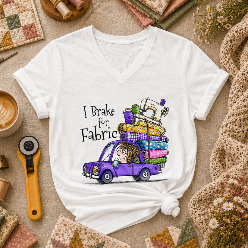 I Brake For Fabric Purple Car Sewing Machine Women's V-Neck - White