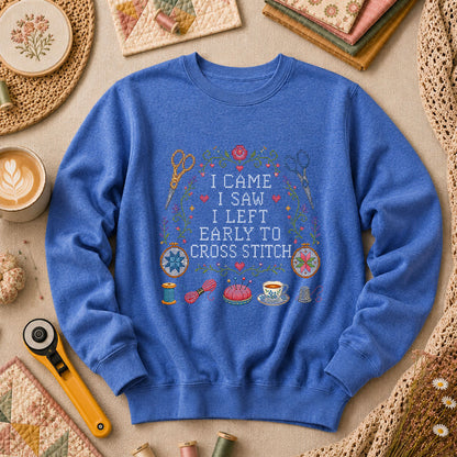 I Came I Saw I Left Early To Cross Stitch Long Sleeve - Heather True Royal