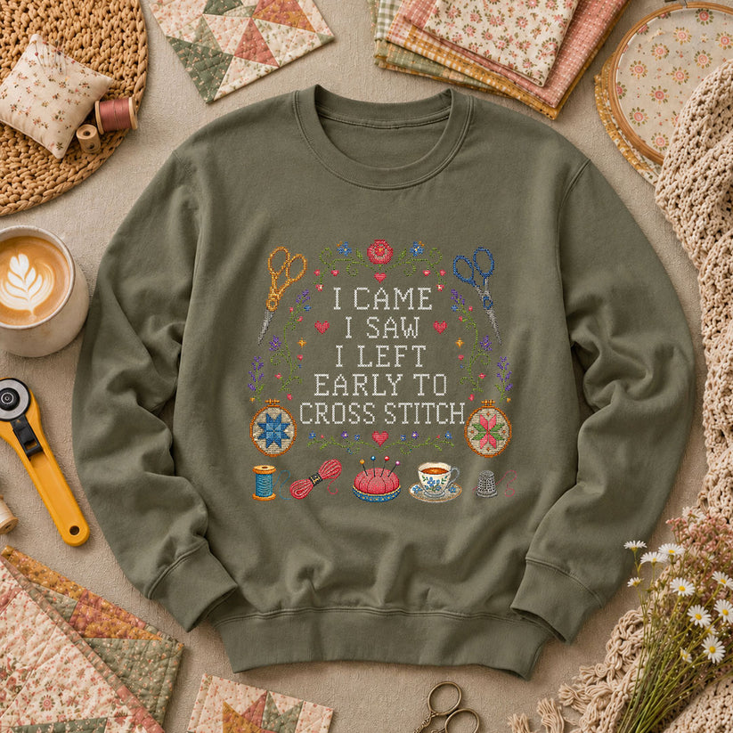 I Came I Saw I Left Early To Cross Stitch Long Sleeve - Military Green