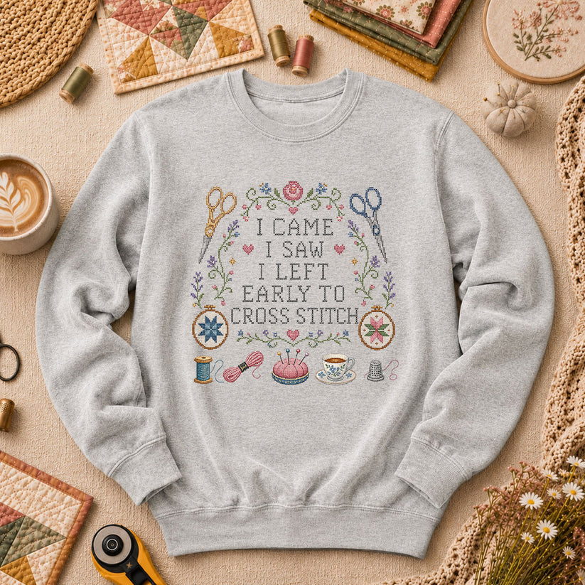 I Came I Saw I Left Early To Cross Stitch Long Sleeve - Sport Grey