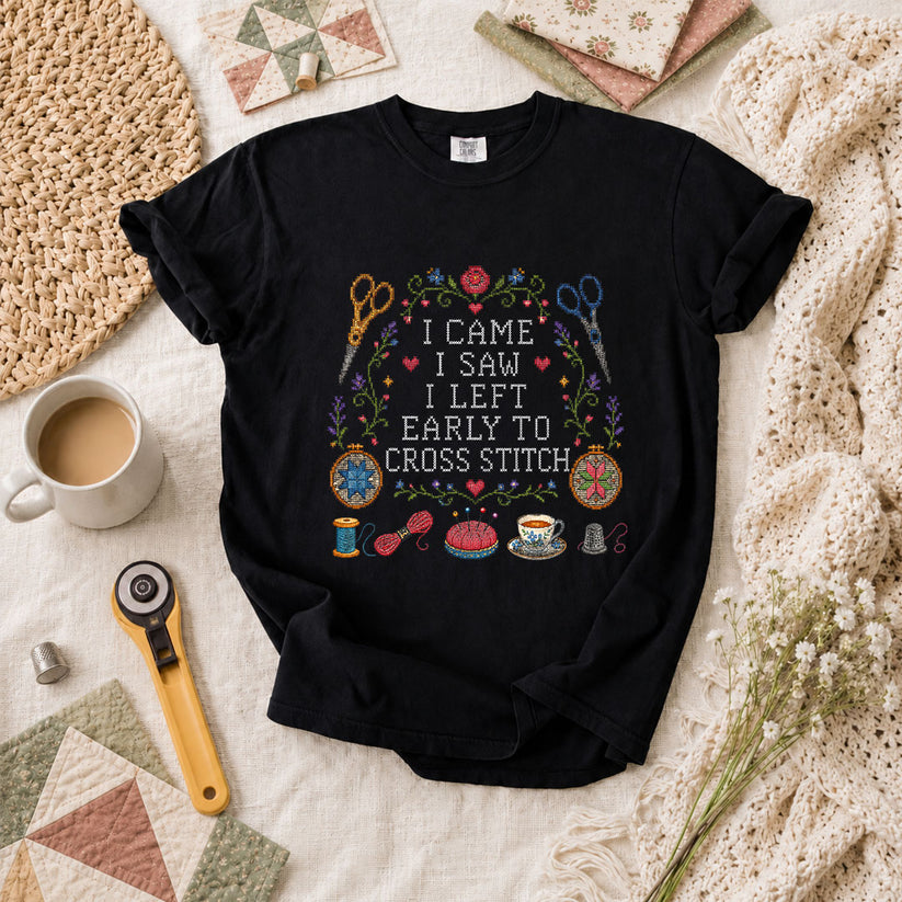 I Came I Saw I Left Early To Cross Stitch T-Shirt - Black