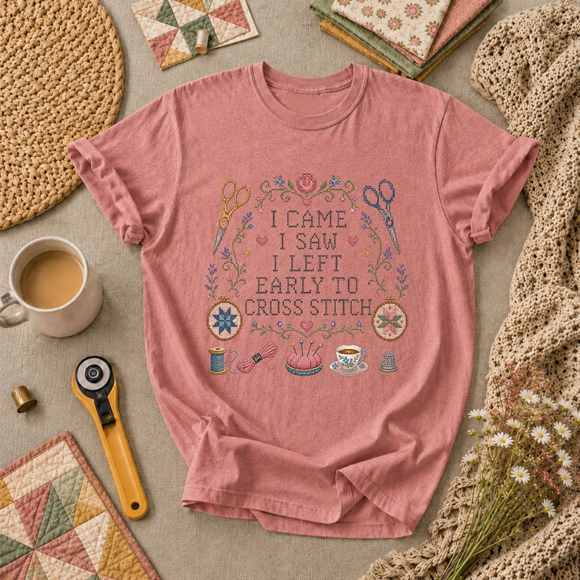 I Came I Saw I Left Early To Cross Stitch T-Shirt - Heather Mauve